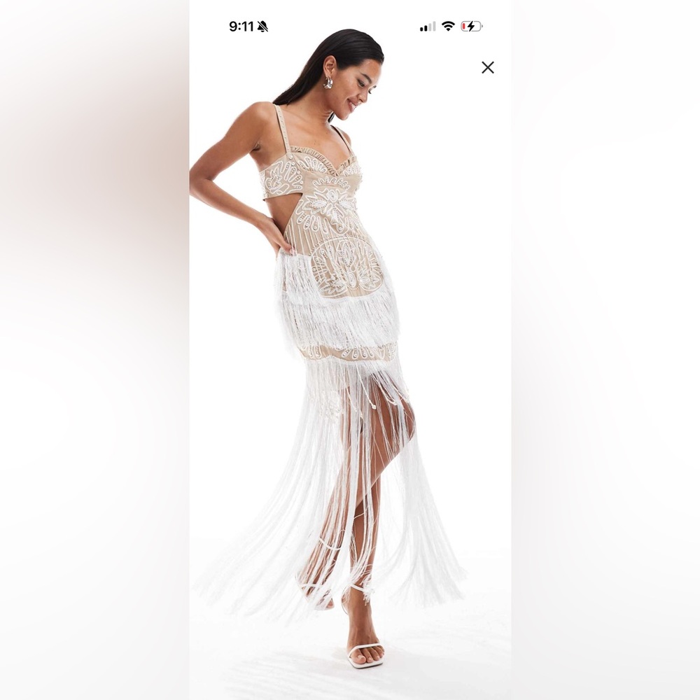 ASOS Cream Strapless Dress with Fringe Detail - Picture 4 of 4
